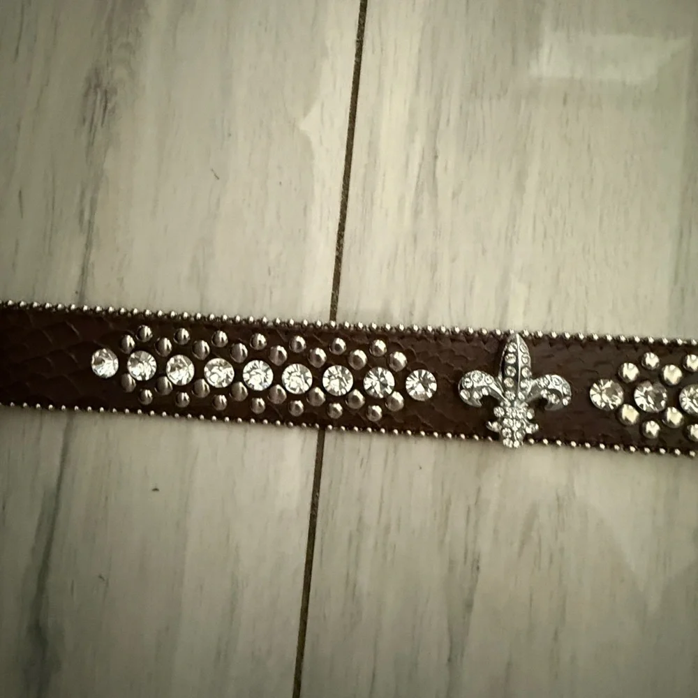 Leather Copper Bronze Fleur De Lis Western RHINESTONE Belt M SM - Picture 8 of 11
